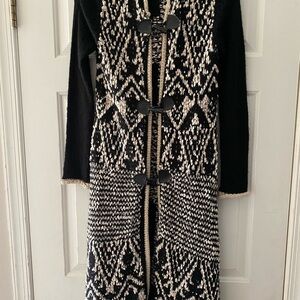 Black and Cream Patterned Women's Long Cardigan Sweater